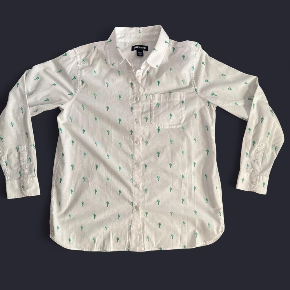 Mens Lands End White Button Up w/ Green Cactus - Size Medium
